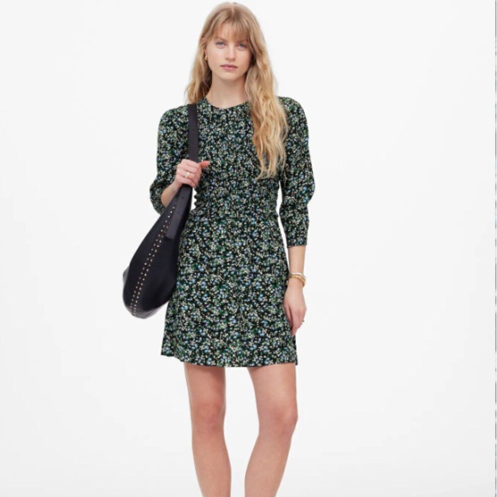 Madewell Smocked Long-Sleeve Mini Dress in Meadow Ditsy Black - Size 4